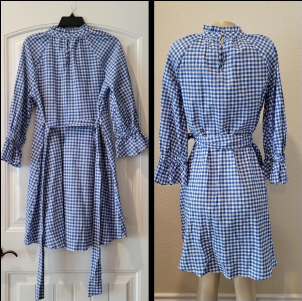 Blue Gingham Ruffle Sleeve Midi Dress M - Picture 2 of 9